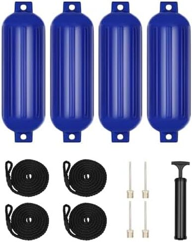 Boat Fenders, Boat Bumpers 4 Pack for Docking with 4 Ropes, 1 Air Pump and 4 Needles, Inflatable Ribbed Marine Pontoon Boat Fenders Bumpers in Saudi Arabia