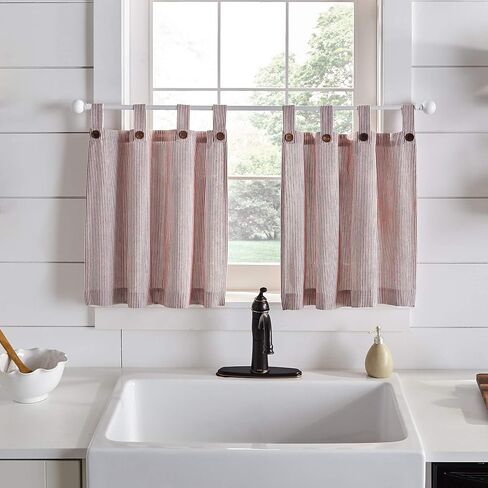 ستائر نافذة Elrene Home Fashions Tucker Ticking Ticking Tier للمطبخ أو الحمام، مقاس 76.2 سم × 91.44 سم، مجموعة من قطعتين، أحمر in Saudi Arabia
