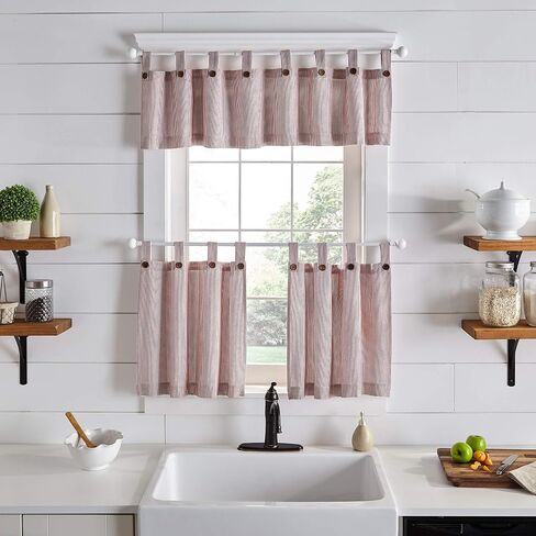 ستائر نافذة Elrene Home Fashions Tucker Ticking Ticking Tier للمطبخ أو الحمام، مقاس 76.2 سم × 91.44 سم، مجموعة من قطعتين، أحمر in Saudi Arabia