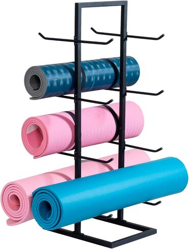 MyGift 4 Tier Modern Matte Black Metal Multi-Level Foam Roller Holder, Freestanding Double Sided Yoga Mat and Gym Exercise Equipment Rack, Holds 8 Mats in Saudi Arabia