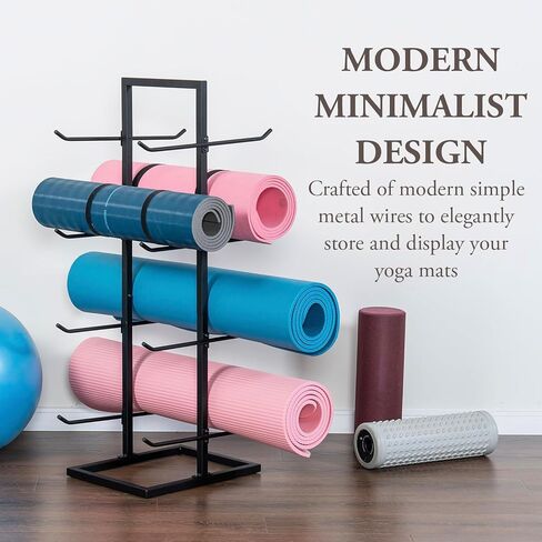MyGift 4 Tier Modern Matte Black Metal Multi-Level Foam Roller Holder, Freestanding Double Sided Yoga Mat and Gym Exercise Equipment Rack, Holds 8 Mats in Saudi Arabia
