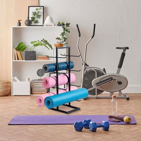 MyGift 4 Tier Modern Matte Black Metal Multi-Level Foam Roller Holder, Freestanding Double Sided Yoga Mat and Gym Exercise Equipment Rack, Holds 8 Mats in Saudi Arabia