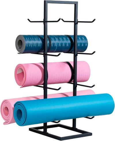 MyGift 4 Tier Modern Matte Black Metal Multi-Level Foam Roller Holder, Freestanding Double Sided Yoga Mat and Gym Exercise Equipment Rack, Holds 8 Mats in Saudi Arabia