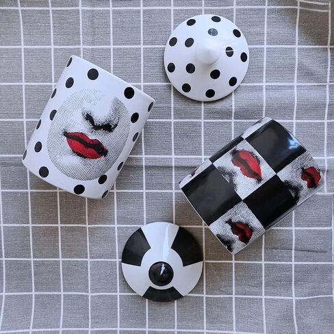 Decorative Candle Holder Handcrafted Aromatherapy Candle Jar Italian Designer Décor Fashionable Tabletop Vase Modern Art Female Face Eyes Lips Centerpiece. (Black Dots) in Saudi Arabia