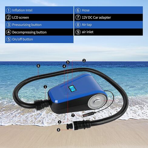 مضخة لوح التجديف Tonsim مضخة سوب مضخة لوح التجديف الكهربائية مضخة كهربائية للوحة التجديف DC12V 110W مضخة هواء بحد أقصى 20 رطل لكل بوصة مربعة للوقوف على لوح التجديف خيمة قابلة للنفخ ومراتب هوائية in Kuwait