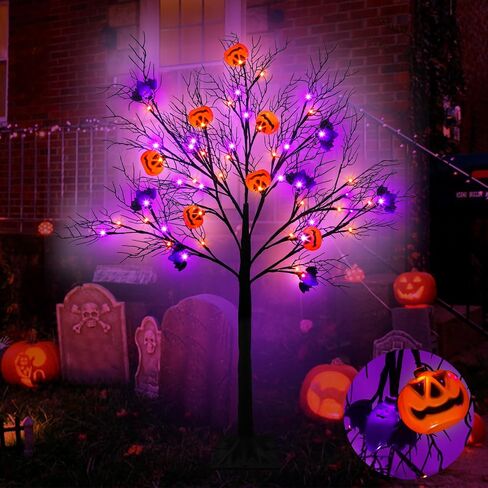 [Timer & 8 Modes] 4 Ft Lighted Black Halloween Tree with Timer 56 LED Orange & Purple Lights with 12 Jack-O-Lantern Pumpkin & Bats Lights,Halloween Spooky Tree for Outdoor Indoor Home Yard Decor in Saudi Arabia