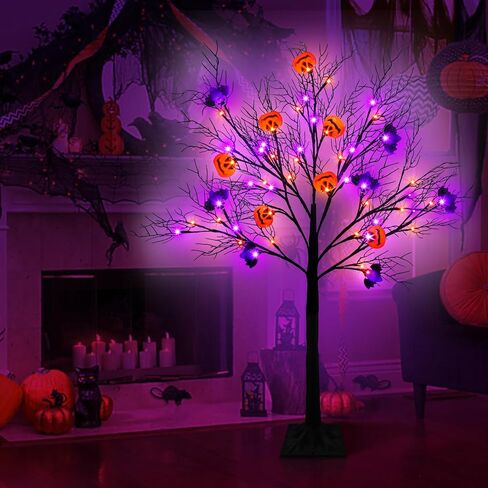 [Timer & 8 Modes] 4 Ft Lighted Black Halloween Tree with Timer 56 LED Orange & Purple Lights with 12 Jack-O-Lantern Pumpkin & Bats Lights,Halloween Spooky Tree for Outdoor Indoor Home Yard Decor in Saudi Arabia