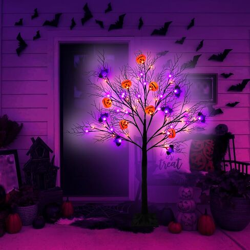 [Timer & 8 Modes] 4 Ft Lighted Black Halloween Tree with Timer 56 LED Orange & Purple Lights with 12 Jack-O-Lantern Pumpkin & Bats Lights,Halloween Spooky Tree for Outdoor Indoor Home Yard Decor in Saudi Arabia