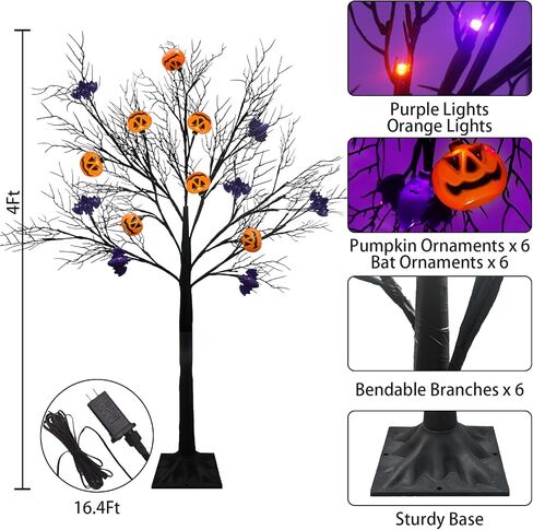 [Timer & 8 Modes] 4 Ft Lighted Black Halloween Tree with Timer 56 LED Orange & Purple Lights with 12 Jack-O-Lantern Pumpkin & Bats Lights,Halloween Spooky Tree for Outdoor Indoor Home Yard Decor in Saudi Arabia