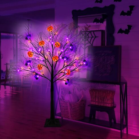 [Timer & 8 Modes] 4 Ft Lighted Black Halloween Tree with Timer 56 LED Orange & Purple Lights with 12 Jack-O-Lantern Pumpkin & Bats Lights,Halloween Spooky Tree for Outdoor Indoor Home Yard Decor in Saudi Arabia