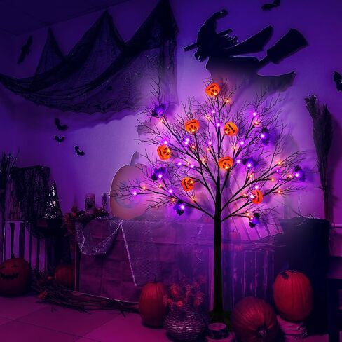 [Timer & 8 Modes] 4 Ft Lighted Black Halloween Tree with Timer 56 LED Orange & Purple Lights with 12 Jack-O-Lantern Pumpkin & Bats Lights,Halloween Spooky Tree for Outdoor Indoor Home Yard Decor in Saudi Arabia