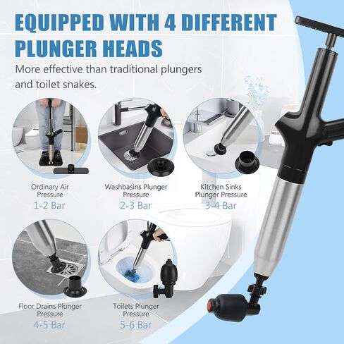 High Pressure Toilet Plunger, 9 in 1 Air Plunger for Toilet Power Plunger Toilet Clog Remover with Real-Time Barometer Drain Clog Remover Tools for Toilets Sink Kitchen Bathroom Clogged Pipe in Kuwait