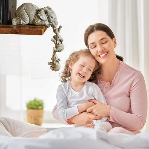 Elephant Sitter Mothers Hanging Two Babies Statue Hanging Off The Edge of a Shelf or Table, Hand-Painted Resin Collections Figurines for Mother Feets Day(3 PCS), White, RXZE6 in Saudi Arabia