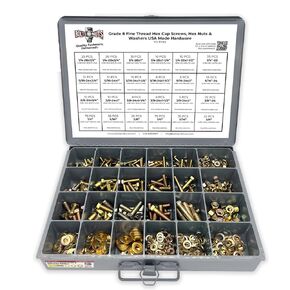 USA Made Grade 8 FINE THREAD Hex Cap Bolts Screws, Finished Hex Nuts, Washers, Lock Washers Assortment Kit - 574 Pieces!