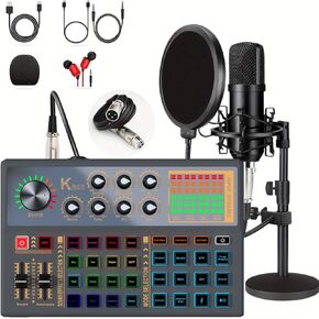 K800 Podcast Equipment Bundle, 48V Phantom Power with XLR Microphone Interface, 3 Customize sound pads, Voice Changer with Studio Microphone -Perfect for Recording, Singing, Streaming and Gaming