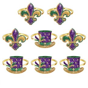 Napkin Rings Set of 8, Rhinestone Heart Shamrock Fleur De Lis Napkin Rings for Table Place Setting Gold Napkin Holder for Valentine’s Day St.Patrick’ Day Mardi Gras Holiday Table Decor (Style E)