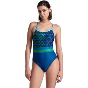 ARENA Performance Pyramid Women's Swimsuit Lace Back One Piece Athletic Training Ladies Bathing Suit, Black/Blue/Multi