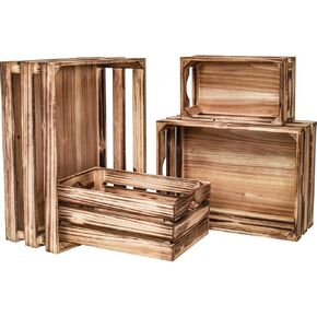 Large Wooden Crates Set of 4 Decorative Storage Box with Handles, Rustic Torched Brown Farmhouse Wooden Crates for Display, Organizer Container Baskets Box for Kitchen, Pantry, Bedroom