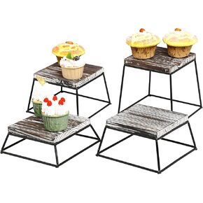 MyGift Torched Wood Cupcake Stand, Square Food Dessert Display Riser, Retail Stand with Black Metal Wire Frame, Set of 4