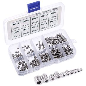 Yakamoz 200Pcs M3 M4 M5 M6 M8 Hex Allen Head Socket Grub Screw Set Stainless Steel Cup Point Metric Screws Assortment Fasteners Kits