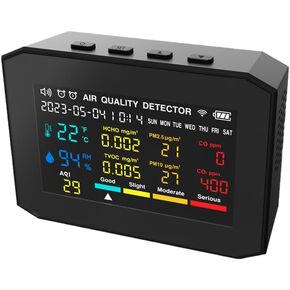 10-in-1 Air Quality Monitor Indoor, 2400mAh Air Quality Detector with Time Date Display and Alarm Clock, CO2 Monitor with Adjustable Light in Kuwait