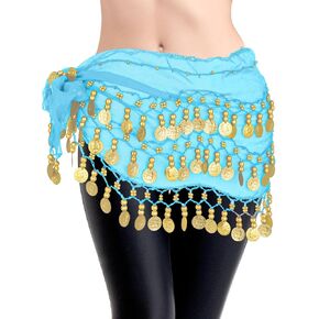 Belly Dance Hip Scarf, Chiffon Belly Dancing Outfit Skirt Wrap Glitterbelly Dance Belt Professional Hip Scarf Costume Accessory with 128-Gold Coins for Women Girls Latin Yoga Belly Dancing, Blue