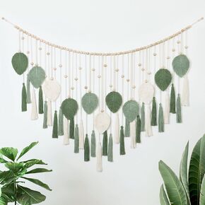 Betylifoy Large Macrame Wall Hanging Beige Green Feather Boho Macrame Tapestry Wall Art Wooden Beads Handmade Woven Leaf Tassels Wall Decor for Bedroom Living Room Apartment