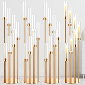 تيسكو 4 مجموعات ذهبية 7 شمعدانات أرضية ذراع 46.5 بوصة حامل شموع أرضية طويل القامة حوامل شموع معدنية مع عاكس الضوء الأكريليك شمعدان محوري للشمعة الإلكترونية ديكور حفلات الزفاف المنزلية in Kuwait