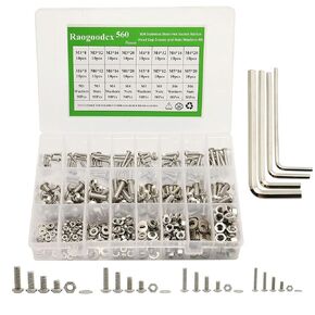 560 Pieces M3 M4 M5 M6 304 Stainless Steel Hex Button Head Cap Bolts Screws Nuts Washers Assortment Kit with Hex Wrenches