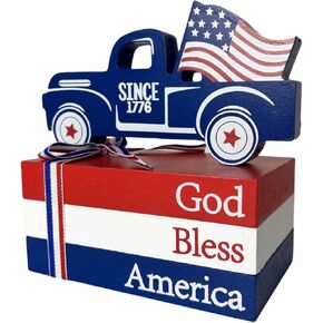 Jxueych 4th of July Tiered Tray Decor Patriotic Decorations Faux Book Stack & American Flag Truck Wood Sign Set for Farmhouse Memorial Day Independence Day Red White Blue Decorations