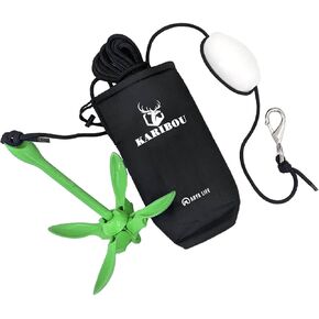 Karibou Kayak & Paddle Board Anchor with 50ft Rope (7mm/0.275" Thick). Premium 3.5 lbs Folding Anchor Kit for Paddle Boards, Canoes, Kayak and Small Boats. Green