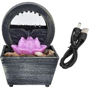 Tabletop Fountain, 3V USB Plastic Flower Water Fountain LED Tabletop Fountain with Stones for Home Office Table Decoration Flower Flowing Water Fountain Zen Meditation Waterfall Kit