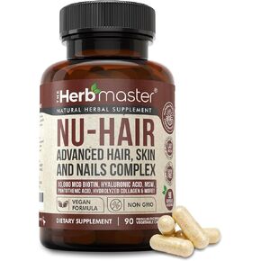 Nora Ross Herbmaster Nu-Hair | Advanced Vegan Hair, Skin & Nails Vitamin | Hair Growth & Hair Loss Vitamins for Women | 10,000mcg Biotin, Collagen, Keratin, MSM, Hyaluronic Acid