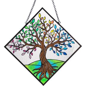 Tree of Life Stained Glass Window Hanging Colorful Leaves Stained Glass Suncatchers Window Ornament Stained Glass Panel Sun Catchers Wall Hanging Decor Gifts for Mom,Grandma,Nature Lovers