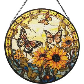 9.84’-Sunflower Stained Glass Window Hanging,Sunflower Butterfly Stained Glass Window Hanging Butterfly Stained Glass Wall Art Sunflower Gifts for Grandma Sunflower Lovers