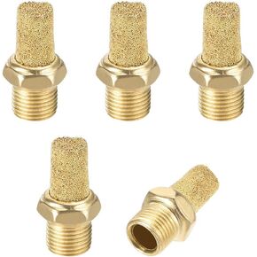 uxcell Brass Exhaust Muffler, 1/8" PT Male Thread 15/32" Hex Sintered Air Pneumatic Bronze Muffler with Brass Body Protruding 5pcs