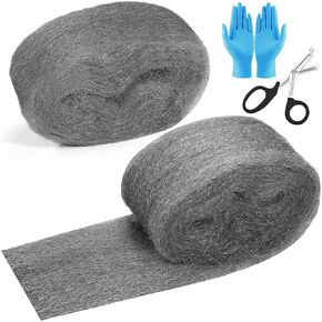 Steel Wool, Steel Wool Mice Control, 5-Piece Set Steel Wool for Mice Control for Filling Cracks in Walls, Ventilation Openings in Gardens,Houses,Garages(Steel Wool x 2, Scissors x 1, Gloves x 2)