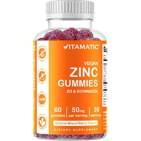 Vitamatic Zinc 50mg Gummies - 60 Vegan Gummies - Gluten Free - Healthy Immune Support for Adults, Men, Women