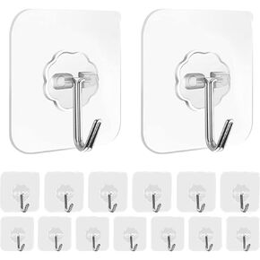 Adhesive Wall Heavy Duty Hooks for Hanging 33lb(Max), Transparent Reusable Waterproof Sticky Seamless Hooks for Hanging Keys, Coats, Hats, Bags(15 Pack)