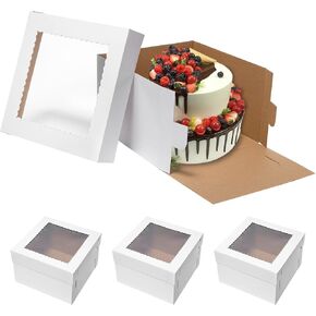 Mcfleet 4pcs Cake Boxes 10x10x8 Tall Cake Boxes for Tier Cakes with Window 10 Inch Disposable Cake Containers with Lids White Large Cardboard Bakery Take Out Carrier for Wedding, Birthday, Party