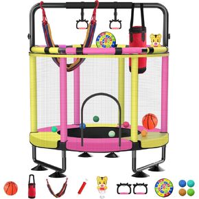 Trampoline for Kids, Upgrade Full Anti-Rust Toddler Trampoline with Net, Adjustable Baby Toddler Trampoline with Basketball Hoop, Dart Board Boys Girls 48in Yellow Pink in Saudi Arabia