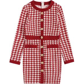 WDIRARA Girl's Houndstooth Round Neck Button Front Long Sleeve Bodycon Dress