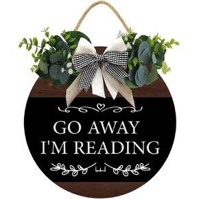Go Away I'm Reading Sign, Funny Wood Signs Decorative Plaque with Hanging Rope for Wall, 12inch x 12inch Front Door Decor