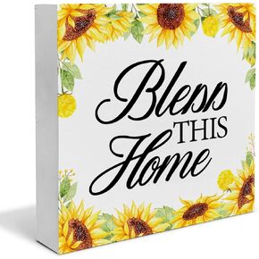 Bless This Home Wood Box Sign Art Desk Decor Farmhouse Sunflower Wood Block Sign Decor for Home Kitchen Entryway Shelf Wall, House Warming Gifts for New Home Owner