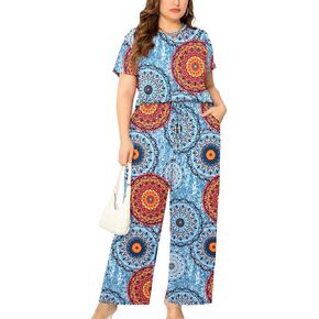 Women Plus Size Summer Short Sleeve Wide Leg Casual Jumpsuits with Pockets