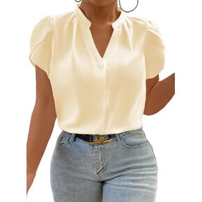 Eytino Women Plus Size Shirts Summer V Neck Petal Sleeve Business Work Dressy Blouse Tops(1X-5X)