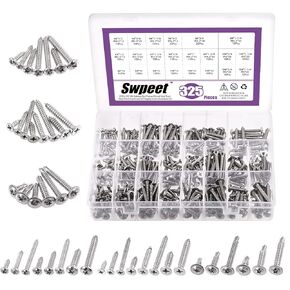 Swpeet 325 قطعة 3 أنواع #6#8#10 SAE 304 رأس مقلاة مستديرة من الفولاذ المقاوم للصدأ وفيليبس رأس مسطح ذاتي التنصت على الصفائح المعدنية مسامير خشبية مع 410 رأس تروس من الفولاذ المقاوم للصدأ براغي ذاتية التنصت سريعة