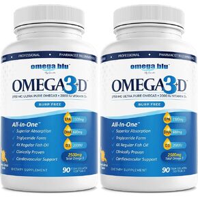 Triple Strength Pharmaceutical Grade Fish Oil 2750mg - Vitamin D3 50mcg - 1500mg EPA - 680mg DHA - Heart - Cholesterol - LDL - HDL - No Burps or Heartburn - High Concentration - 90 Servings