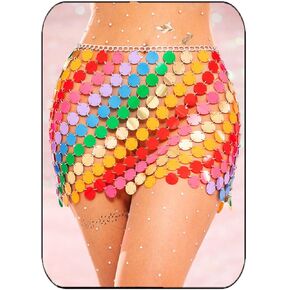 Aukmla Women Sequin Rainbow Chainmail Mini Skirt Sparkly Dots Belly Dance Hip Skirts Rave Waist Chain