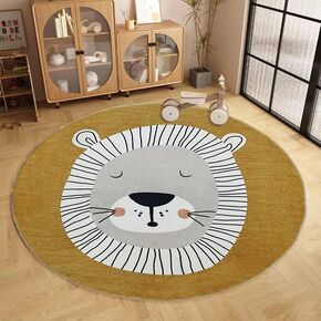 ABREEZE Lion Round Area Rug 2.6ft, Kids Play Rug Nursery Door Mat Washable Non-Slip Cartoon Themed Children Rug for Bedroom Living Room Kids Playroom